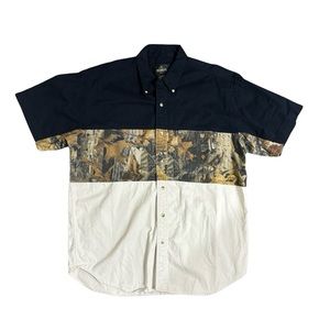 Redhead button down shirt camo, tan and black color block